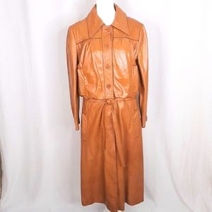 VINTAGE 1970s Women's Long Leather Tie Waist Dress Coat Tan Camel Sz. M
